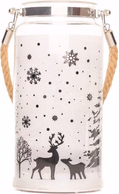Shatchi Winter Woodland Christmas Decorated Glass Tabletop Lantern in Clear and White, Height: 23 cm