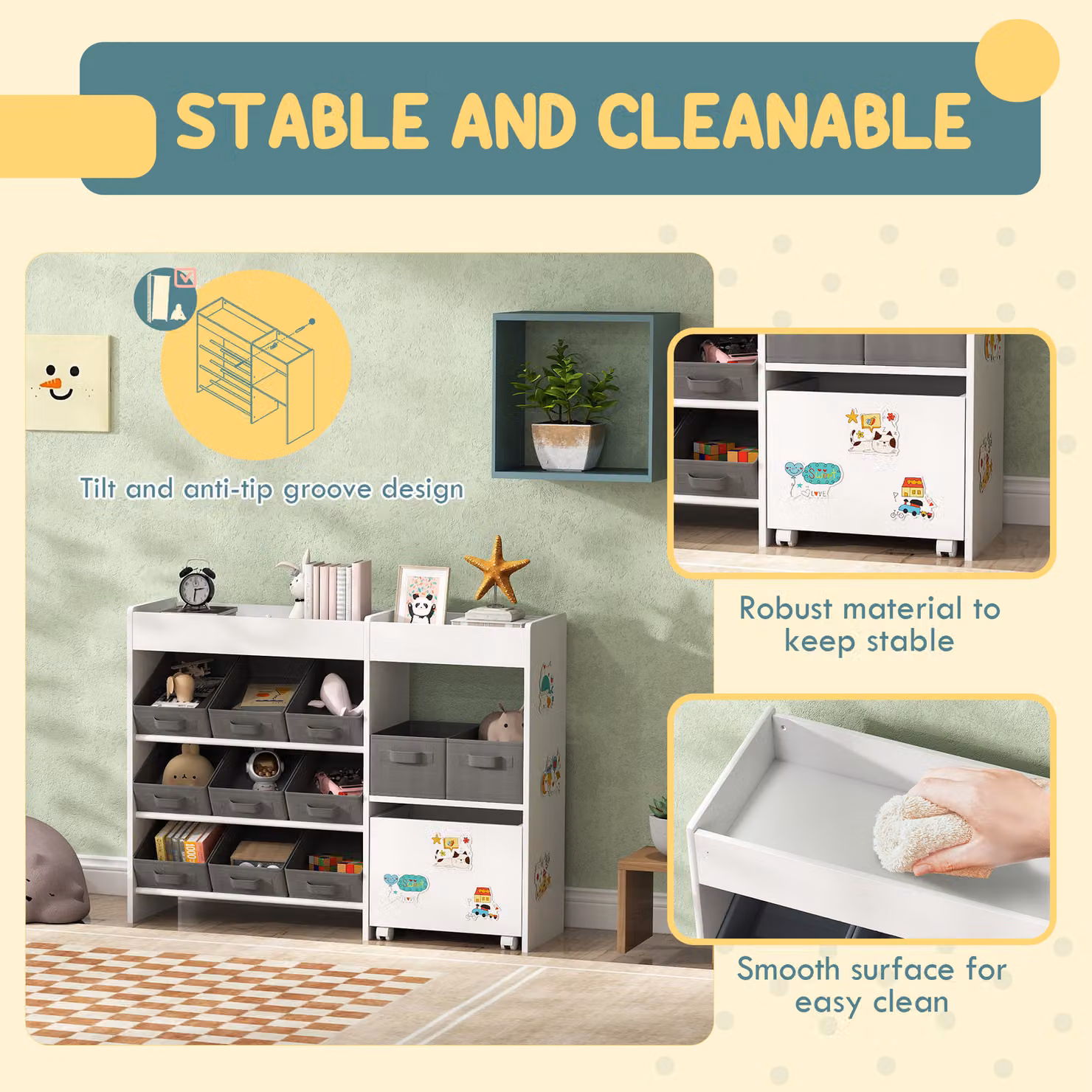 AIYAPLAY Kids Toy Storage Unit with 11 Bins, Cabinet and Top Shelves, White – 4