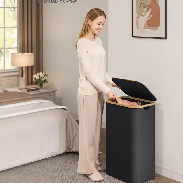 SONGMICS 100L Foldable Bamboo Laundry Hamper with Lid, Black