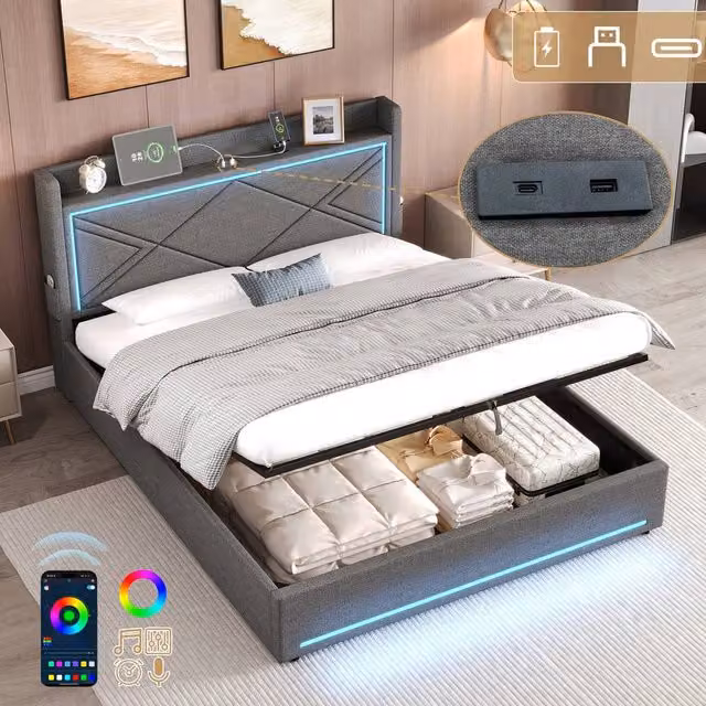 Matteo King Size Linen Upholstered Ottoman Bed Frame with Storage, LED Lighting and USB Charging Port in Grey