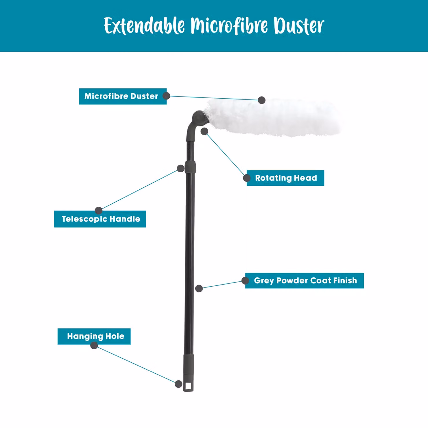 JVL Super-Absorbent Extendable Microfibre Multi-Angle Duster in Turquoise and White with Telescopic Handle and Refillable Head – 2