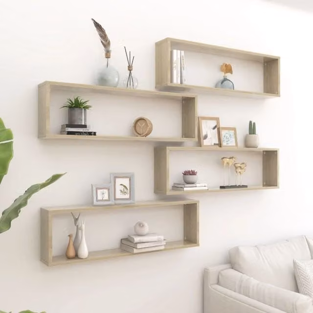 Berkfield Home Wall Cube Shelf Set of 4, Sonoma Oak, Brown, W/D/H: 100 x 30 x 15 cm