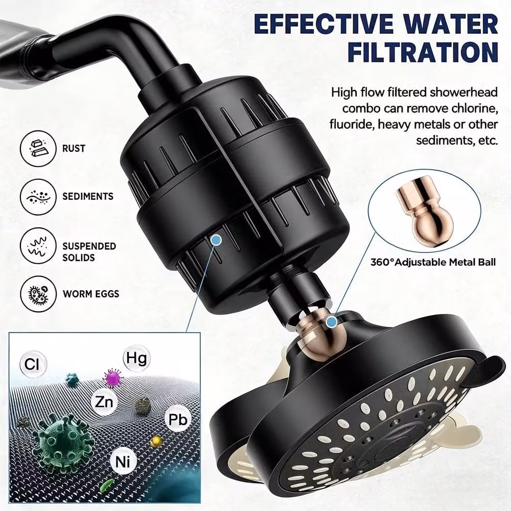INMTFEI Matt Black Filtered Shower Head Combo with Multi-Stage Hard Water Filter and Handheld Spray in Rain, Massage and Mist Modes – 5