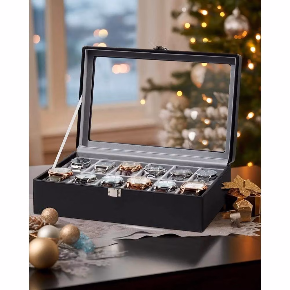 SPETLEK 12 Slot Black PU Leather Watch Box with Lid – 4