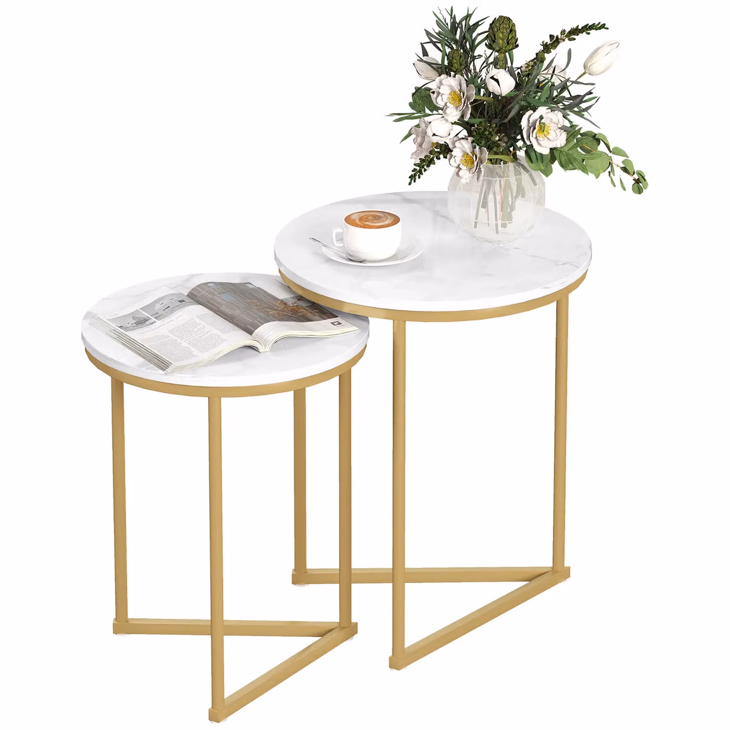 HOMCOM Set of 2 Nesting Coffee Tables with Round White Composite Tops and Gold Tone Metal Frame – 2