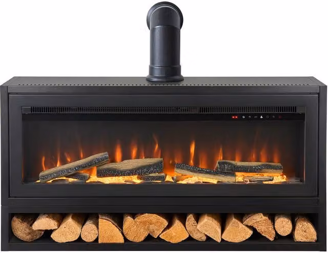 Acantha Vision Electric Media Stove with Log Store and Pipe in Black