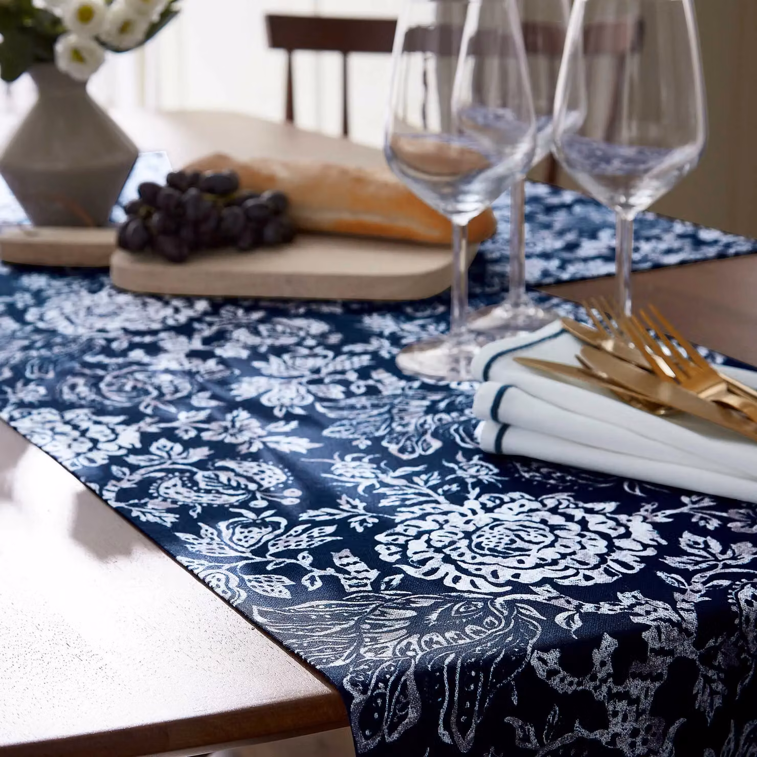 Bedeck of Belfast Morsan Table Runner, Midnight Navy Blue Floral Cotton Jacquard, W: 230 cm, H: 40 cm – 2