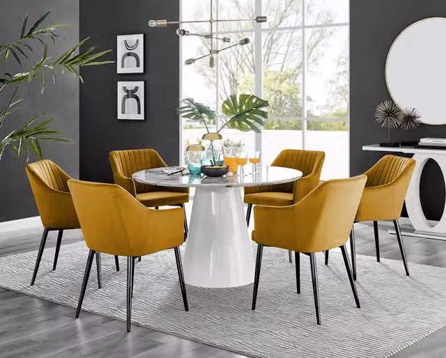 Furniturebox Palma White Marble Effect Round Dining Table and 6 Calla Mustard Chairs with Black Legs