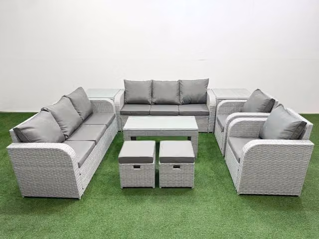 Fimous PE Rattan High Back Lounge Sofa Set in Light Grey with 3 Seater Sofa, Reclining Chair, Stools, Oblong Coffee Table and 2 Side Tables
