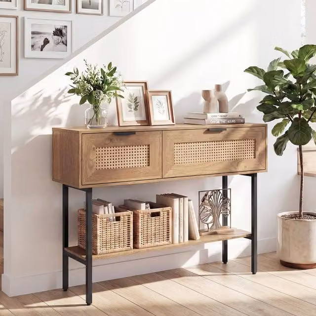 Costway Boho Rattan Console Table with Flip Doors and Open Shelf in Natural Beige – 1