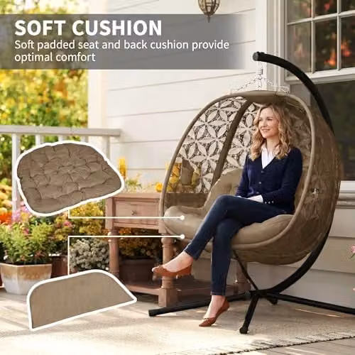 Outsunny Double Hanging Swing Chair with Metal Stand and Cup Holders in Sand Brown – 5