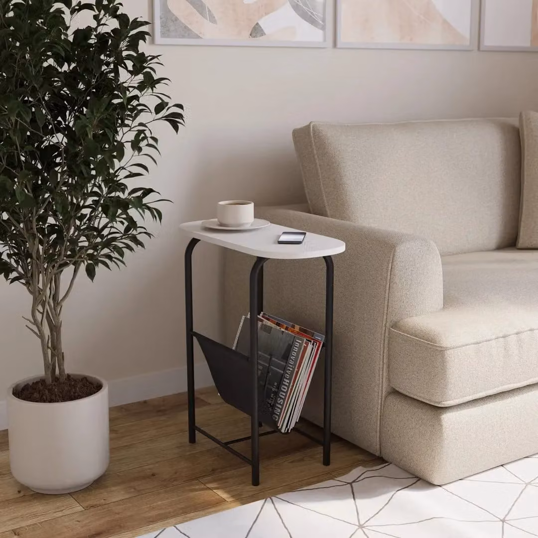 EONLION Slim Oval Side Table and Magazine Holder in White – 3