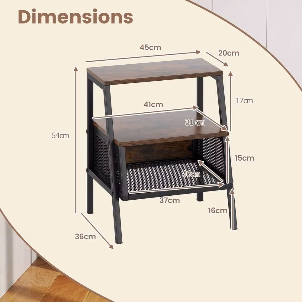 KORVIXA Industrial 3-Tier Nightstand with 2 Open Shelves, Brown – 2