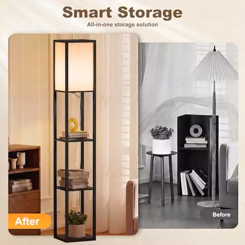 HOMCOM Modern 3-Tier Floor Lamp with Storage Shelves in Black – 4