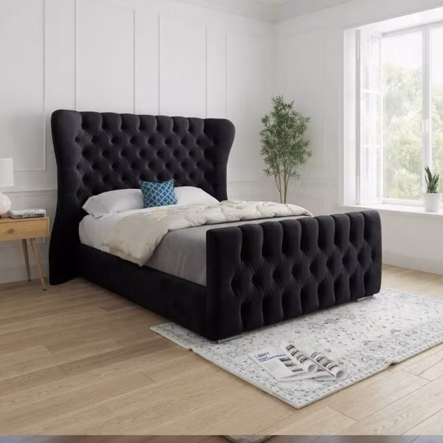 KDMD Zelah Double Upholstered Curved Bed Frame in Black Soft Velvet – 1