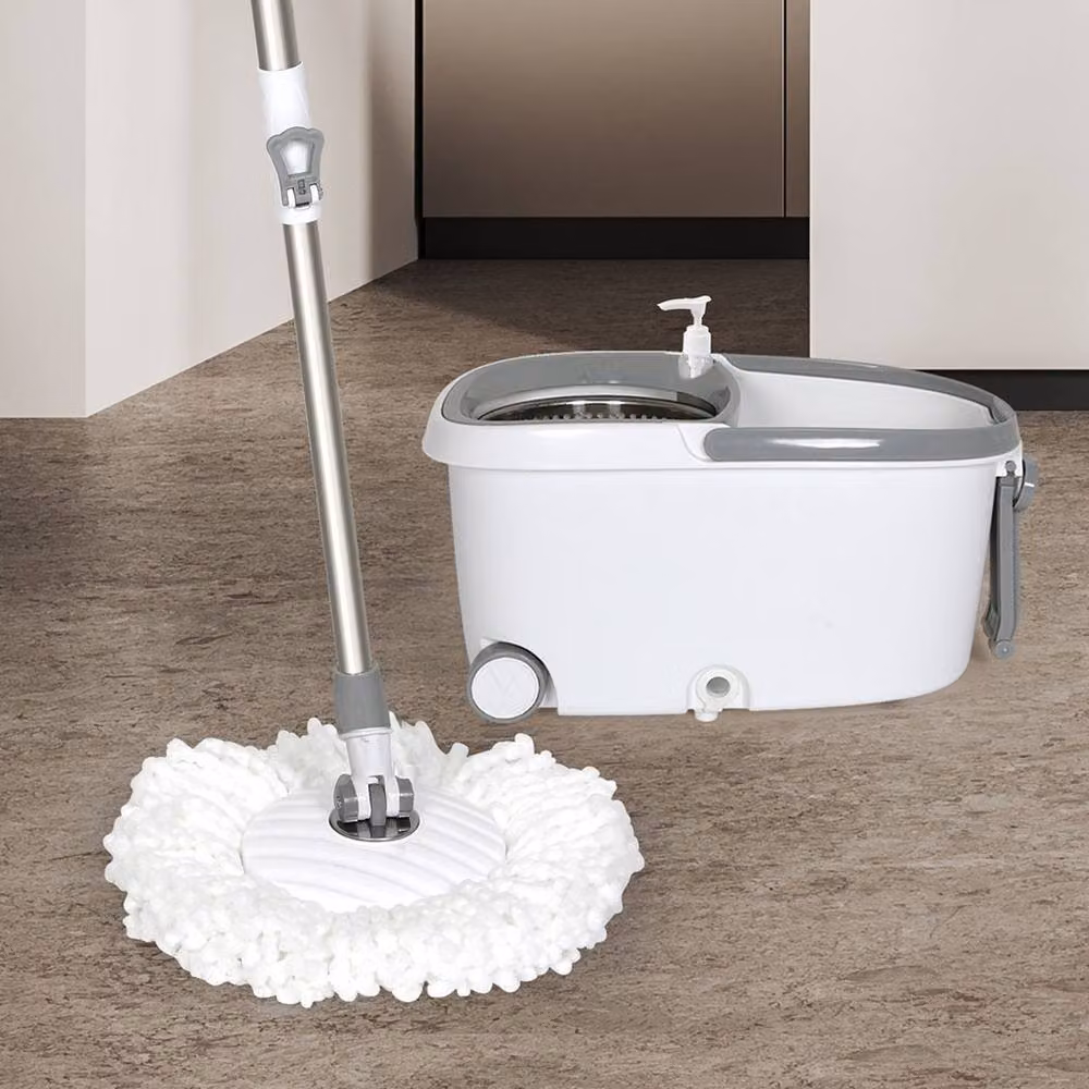 Cleanflo Spin Bucket Set with Stainless Steel Wringer and Microfibre Mop Head in White – 2