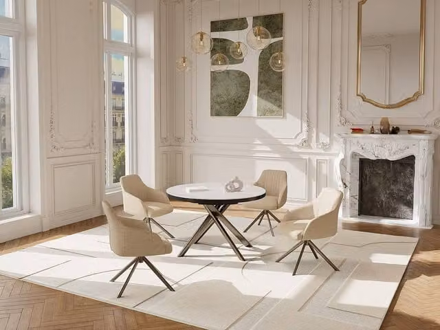 Vente-unique Modern Round Extendable Dining Table in White Ceramic, MDF and Metal for 4 to 6 People