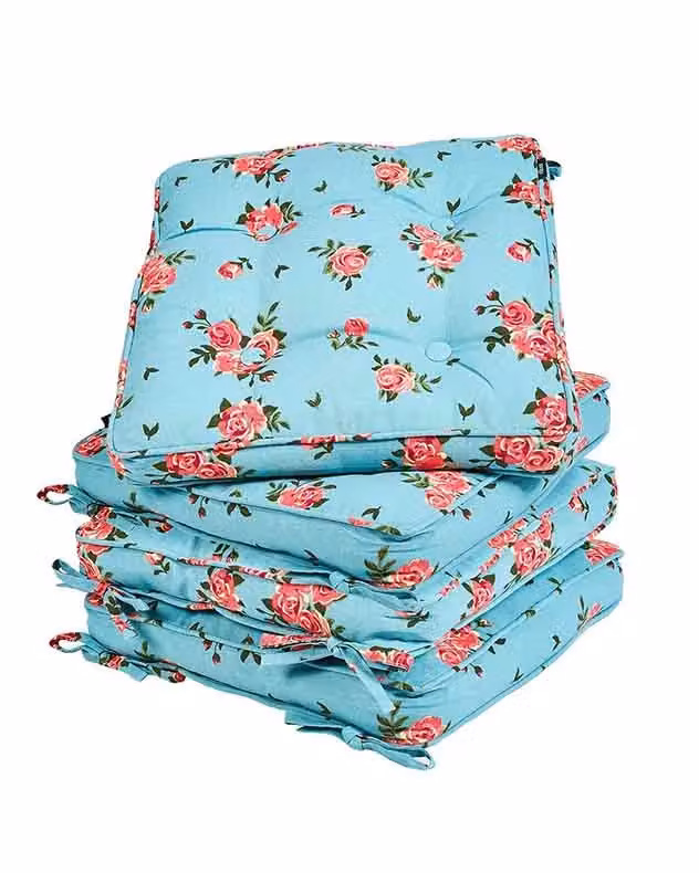 Dibor Set of 4 Floral Blue and Pink Quilted Outdoor Garden Chair Seat Pads, W: 45 cm x L: 45 cm – 2