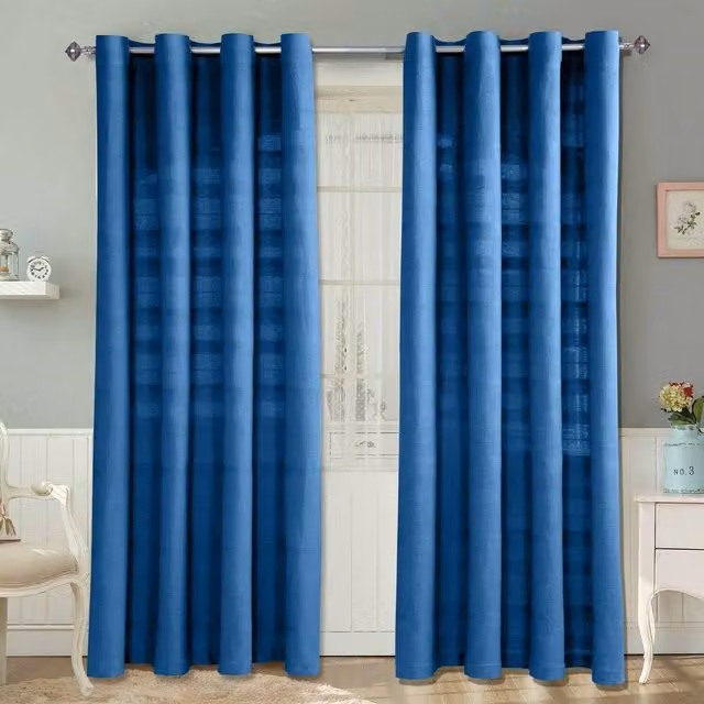 Homescapes Blue Cotton Rajput Ribbed Eyelet Curtain Pair, Width: 137 cm