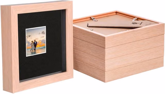 Nicola Spring 5-Pack Light Brown Wooden 3D Box Photo Frames with Black Mount, W/D/H: 15.24 x 15.24 x 8.89 cm – 4