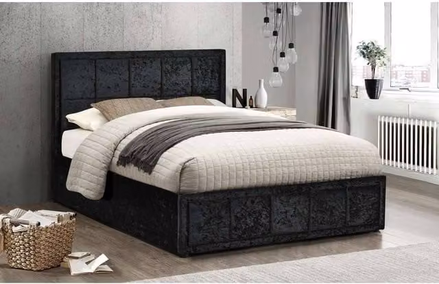 Birlea Hannover Black Crushed Velvet Glitz Fabric Ottoman Bed Frame with Gas Lift Storage, Double – 1