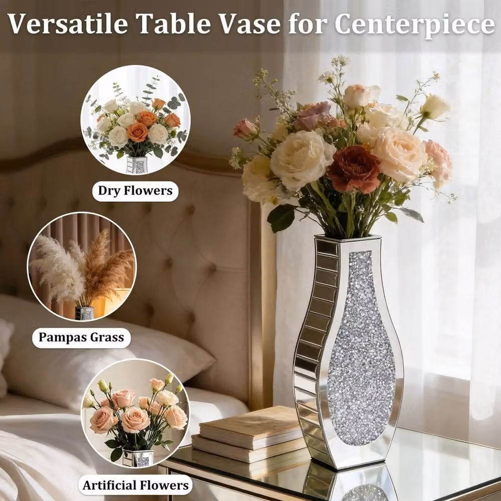 FLAVORA Silver Crushed Diamond Glass Mirror Vase, W/D/H: 100 x 100 x 1 cm – 2