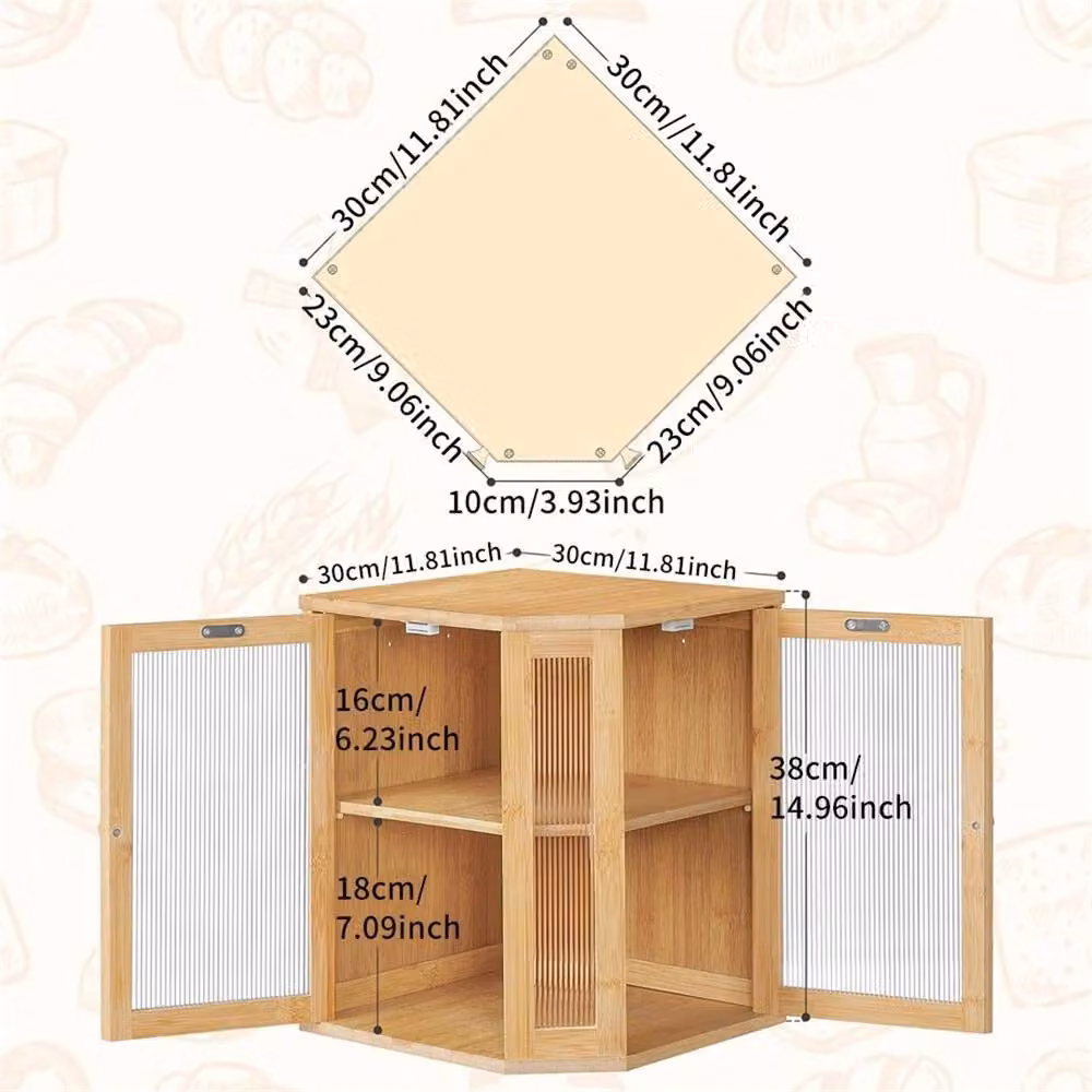 Ventryn 2-Tier Bamboo Kitchen Corner Bread Bin with Double Doors in Beige, W/D/H: 38.0 x 30.0 x 30.0 cm – 2