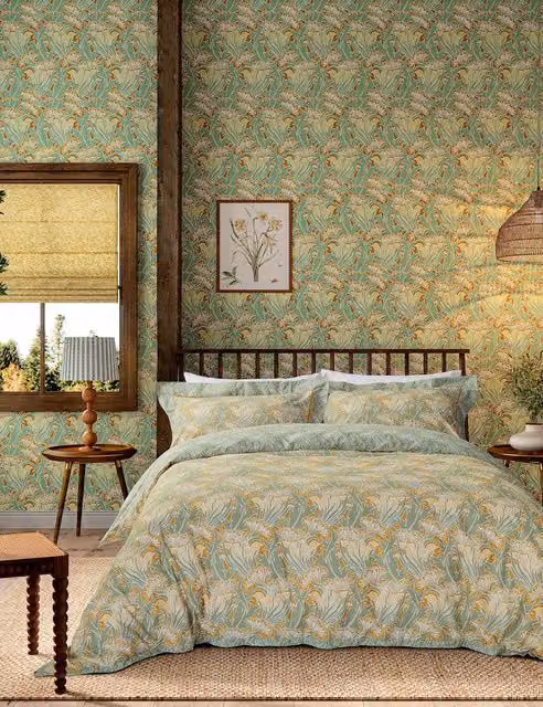 Morris & Co Laceflower Floral Cotton Percale Bedding Set, Turquoise and Multicolour, W: 180 cm, L: 200 cm