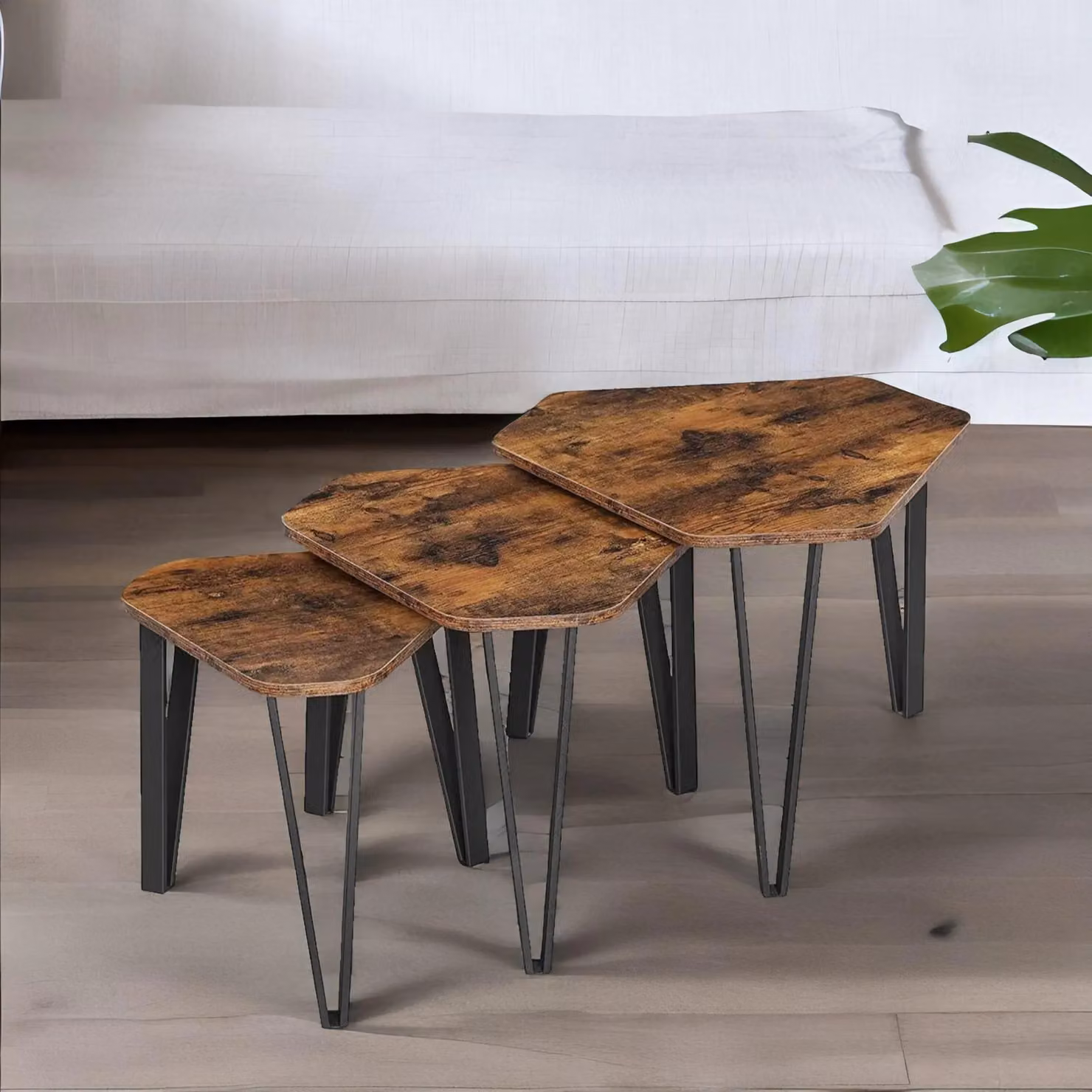 Rafaelo Mobilia Set of 3 Industrial Nesting Tables in Rustic Dark Brown – 4