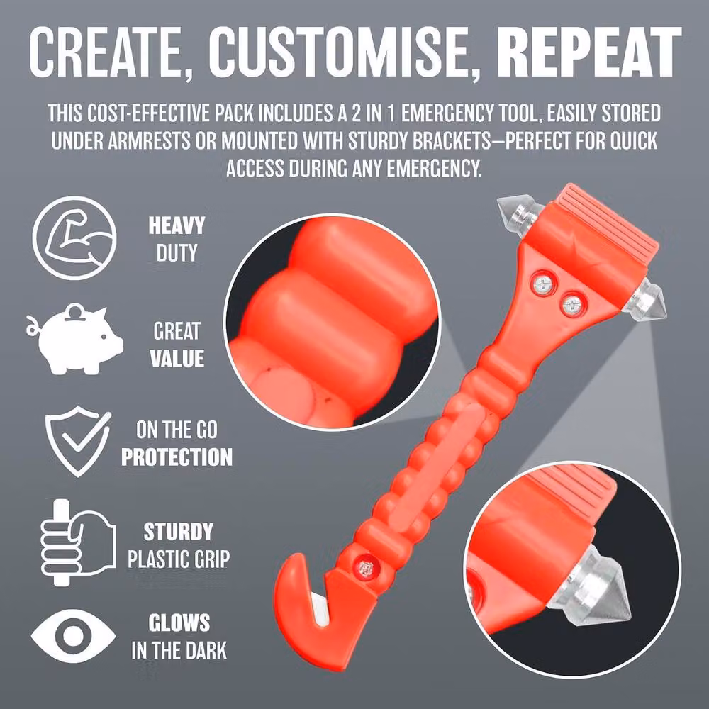 BARGAINS-GALORE 2-in-1 Universal Emergency Hammer and Safety Window Breaker Hand Tool in Orange – 3