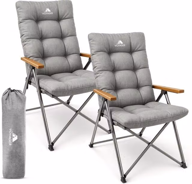 Voyager 2 Pack Luxury Grey Camping Folding Recliner Chairs with Armrests and Cushions, 150kg Load Capacity