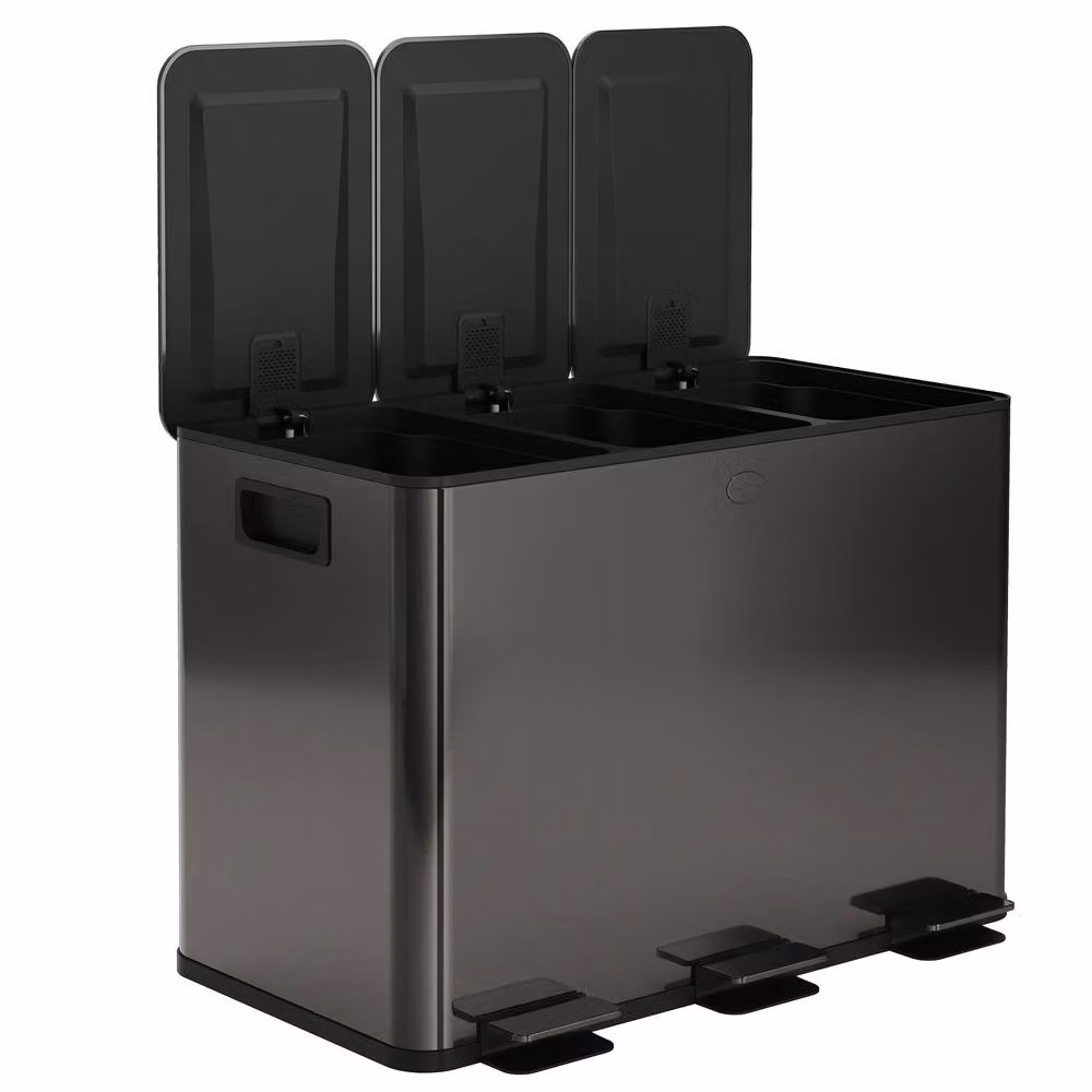 STILVORA 45L Triple Pedal Bin with Soft-Close Lid and Odour Filter in Black Stainless Steel – 3