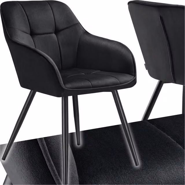 TECTAKE Marilyn Dining Chair in Black Velvet Look with Geometric Quilted Pattern
