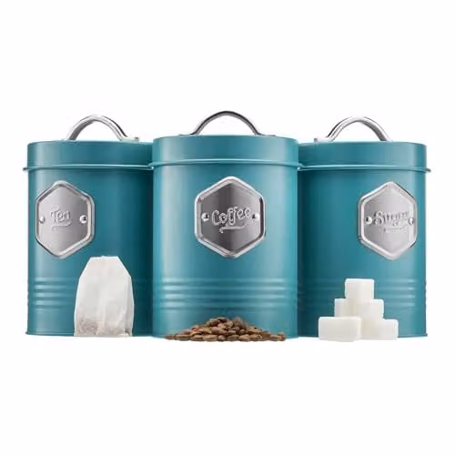 Cooks Professional 3 Piece Tea Coffee Sugar Canister Set in Petrol and Silver with Airtight Lids – 1