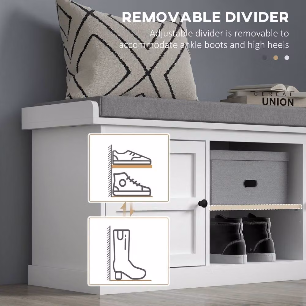 Wyld Haus Lire White Wooden Shoe Bench with Grey Fabric Cushioned Top, W: 105 cm, D: 35 cm, H: 47 cm – 4
