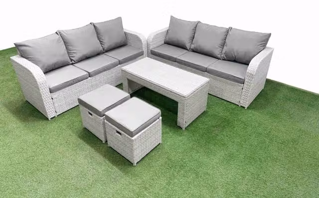 Fimous 8 Seater Rattan Garden Furniture Set in Light Grey with High Back Lounge Sofa, Ottoman, and Oblong Coffee Table