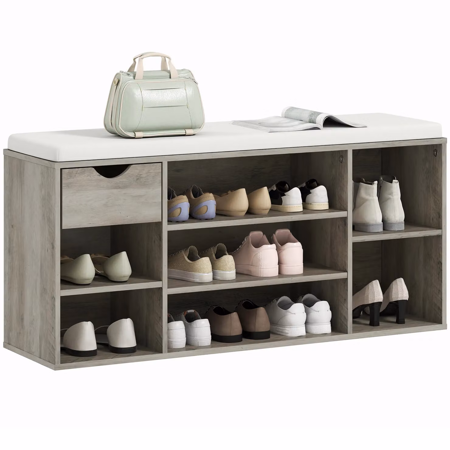 HOMCOM Shoe Storage Cabinet Bench with Cushion and Adjustable Shelves in Grey – 2