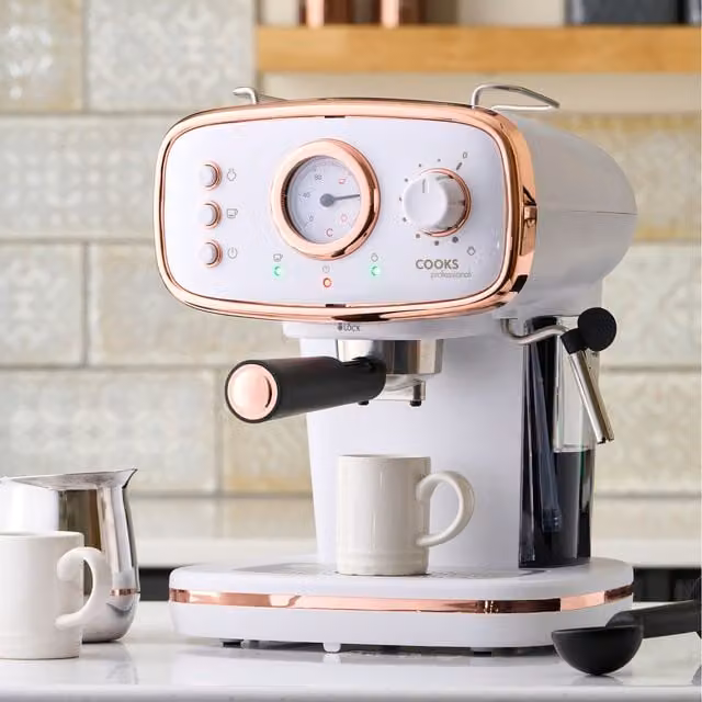 Cooks Professional 15-Bar Retro Espresso Coffee Machine with Steam Wand, White and Stainless Steel