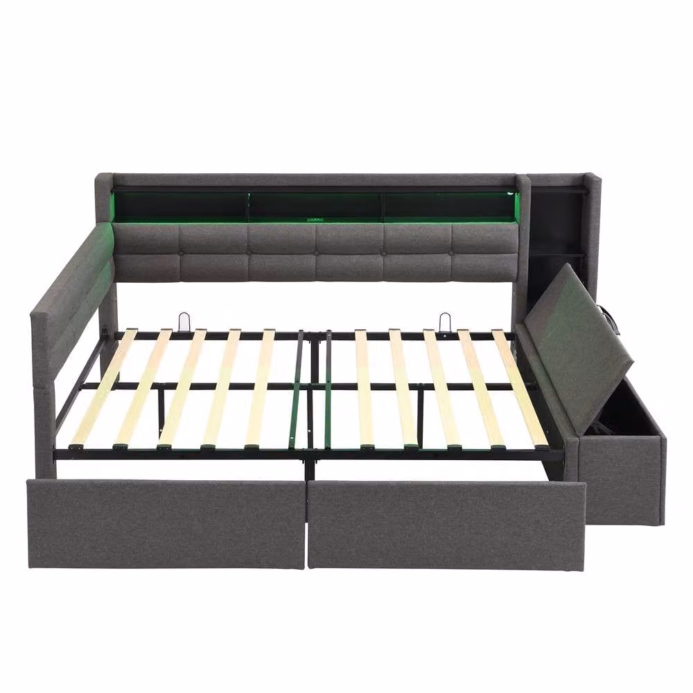 BTM 4ft6 Double Bed with LED Under-Bed Lighting, USB Type C Charging Ports and Storage Drawers in Grey Upholstered Linen, W/D/H: 140 x 190 x 149 cm – 8