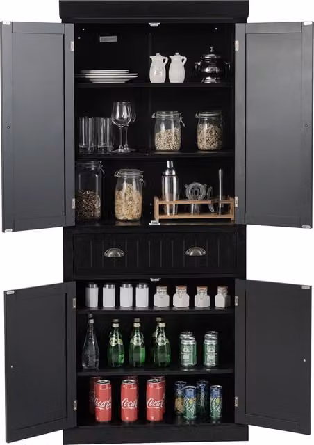 Gymax Modern Black Kitchen Pantry Cabinet with 2 Hinged Doors and Internal Drawers, Height: 183 cm