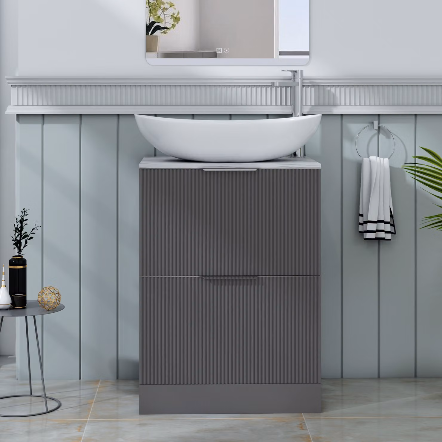 Royal Bathrooms Evora 600mm Graphite Grey Fluted Floor Standing Countertop Vanity Unit with 2 Drawers and Cesar Basin