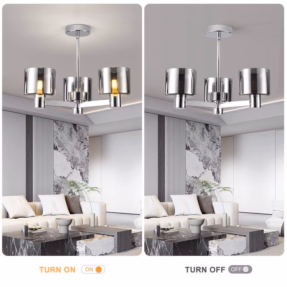 Harper Living 3 Light Semi Flush Ceiling Lamp with Smoked Grey Glass Shades and Chrome Finish – 3