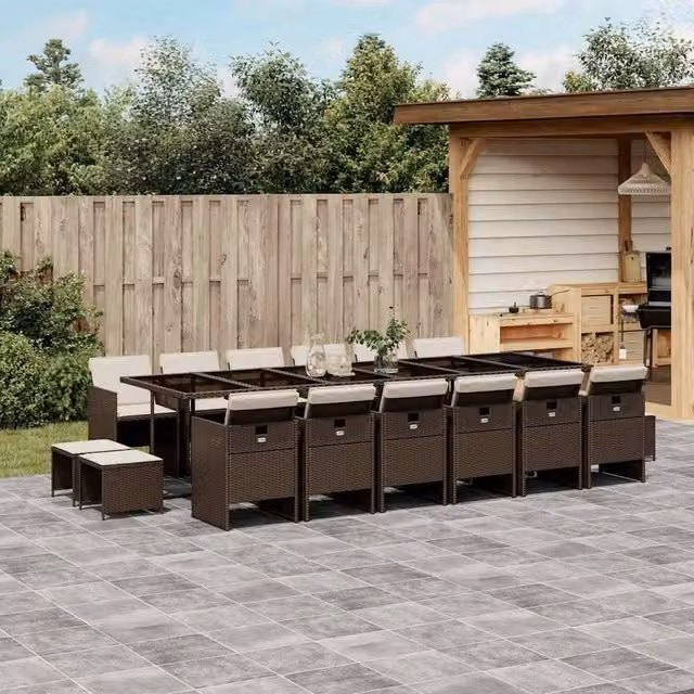 Berkfield Home 17 Piece Brown Poly Rattan Garden Dining Set with Cushions