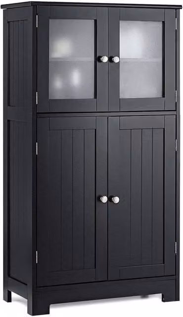 Kelvenix Modern Black Lacquered Freestanding Bathroom Floor Cabinet with Glass Hinged Doors and Internal Shelves – 1