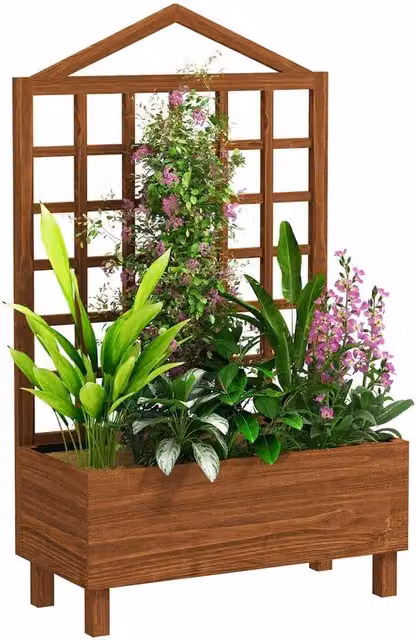 SPETLEK Brown Wooden Planter Box with Trellis for Climbers, W/D/H: 150 x 90 x 43 cm