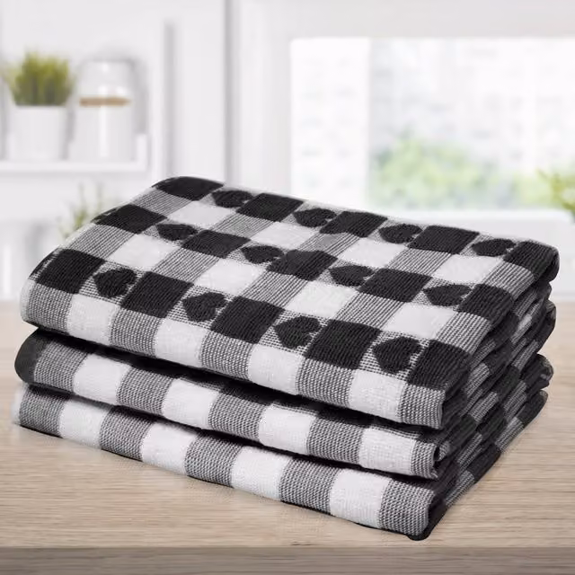 Kitchen Trends Pack of 3 Highly Absorbent Cotton Tea Towels with Striped Hearts Pattern in Black
