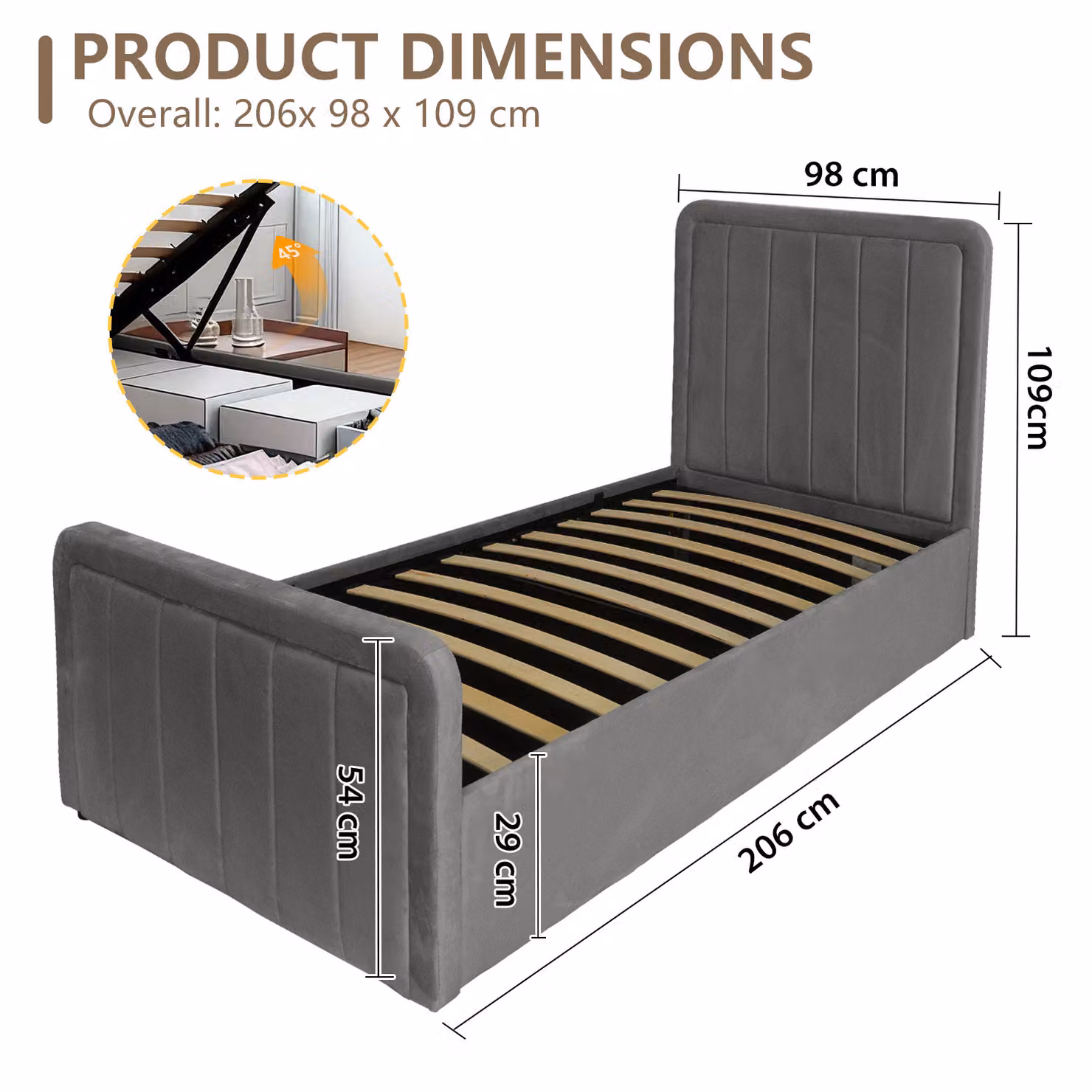 Comfy Living Modern Velvet Ottoman Bed Frame with Lift Up Base, Grey, W/D/H: 90 x 200 cm – 3