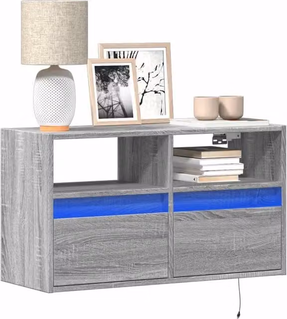 Berkfield Home TV Wall Cabinet with LED Lights in Grey Sonoma, W: 80 cm, D: 31 cm, H: 45 cm – 1