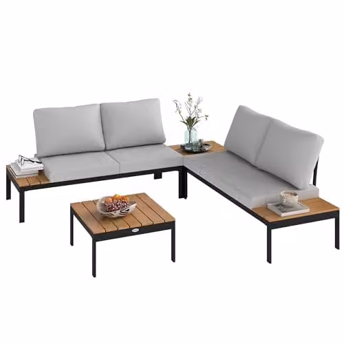 Outsunny 4 Piece L Shaped Garden Furniture Set with Upholstered Cushions, Brown Teak Finish, Right Facing 4 Seater Corner Sofa and Coffee Table – 1