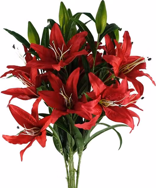 Pack of 6 Red Silk Lily Stems with 18 Flowers and Leaves
